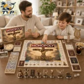 Monopoly Jesus Collector Edition Board Game 2 Father and son playing the Jesus Collector Edition board game at home.