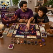 Monopoly Jimi Hendrix Collector's Edition Board Game 1 Father and son playing the Jimi Hendrix Collector Edition Monopoly board game at home