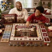 Monopoly Kappa Alpha Psi Collector's Edition Board Game 2 Father and son playing the Kappa Alpha Psi Monopoly Collector Edition game at home