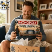Monopoly Kenny Chesney Collector Edition Board Game 1 Man holding a Kenny Chesney No Shoes Nation Monopoly Collector Edition board game.