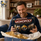 Monopoly Knights of Columbus Collector's Edition Board Game 2026 2 Man smiling while holding a Knights of Columbus Monopoly Collector Edition board game.