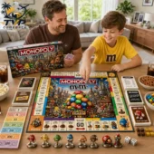 Monopoly M&M's Collector's Edition Board Game 2 Father and son playing M&Ms Collector Edition Monopoly board game at home