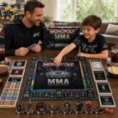 Monopoly MMA Limited Collector's Edition Board Game 2 Father and son playing UFC MMA Collector Edition Monopoly board game at home
