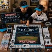 Monopoly Miami Marlins Collector's Edition Board Game 2 Father and son playing the Miami Marlins Collector Edition Monopoly game at home.