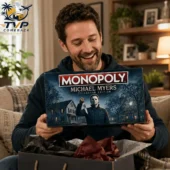 Monopoly Michael Myers Limited Collector Edition Board Game 2 Man holding a Michael Myers Collector Edition Monopoly board game