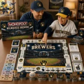 Father and son playing Milwaukee Brewers collector edition board game by Tvpcomebackshop