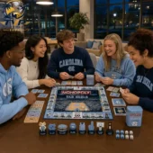 A group of students playing the North Carolina Tar Heels Monopoly board game.