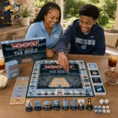 North Carolina Tar Heels Monopoly collector edition game being played by two people.