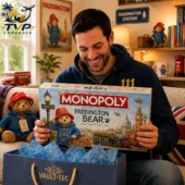 Monopoly Paddington Bear Limited Collector Edition Board Game 1 Man smiling while holding a Paddington Bear Monopoly Collector Edition board game