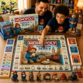 Monopoly Paddington Bear Limited Collector Edition Board Game 2 Father and son playing the Paddington Bear Collector Edition Monopoly board game from Tvpcomebackshop.
