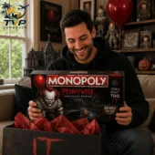 A man smiling while holding the Monopoly Pennywise Collector Edition game board.