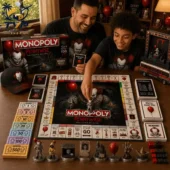 Father and son playing IT Monopoly Pennywise Collector Edition board game at home.