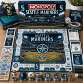 Seattle Mariners Collector Edition Monopoly board game on display with branded accessories from Tvpcomebackshop.