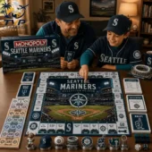 Father and son playing the Seattle Mariners Monopoly Collector Edition board game at home.