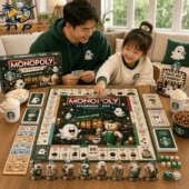 Monopoly Starbucks x Boo Halloween Collector Edition Board Game 3 Father and daughter playing Starbucks themed Monopoly board game set.