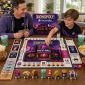 Monopoly Taco Bell Collector's Edition Board Game 1 Father and son playing Taco Bell Collector Edition Monopoly at a table.