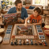 Monopoly The Dukes of Hazzard Collector's Edition Board Game 2 Father and son playing The Dukes of Hazzard Monopoly board game at home.