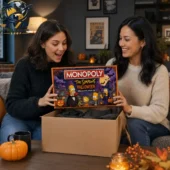 Two women smiling while opening a package containing The Simpsons Halloween Collector Edition Monopoly game from Tvpcomebackshop.
