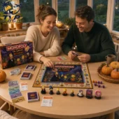 A couple playing The Simpsons Halloween Collector Edition Monopoly game at a table.