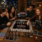 Monopoly The Vampire Diaries Collector Edition Board Game 1 Friends playing The Vampire Diaries Monopoly board game