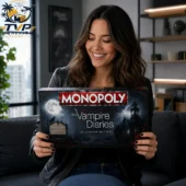 Monopoly The Vampire Diaries Collector Edition Board Game 2 Woman holding The Vampire Diaries Collector Edition Monopoly board game from Tvpcomebackshop