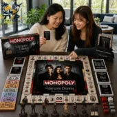 Monopoly The Vampire Diaries Collector Edition Board Game 3 Two women playing The Vampire Diaries Collector Edition Monopoly game at a table.