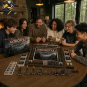 A group of friends playing The Witcher Collector's Edition Monopoly board game at a wooden table.