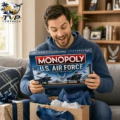 Monopoly U.S. Air Force Collector’s Edition Board Game 1 Man excitedly holding the Monopoly U.S. Air Force Collector Edition board game