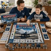 Monopoly U.S. Air Force Collector’s Edition Board Game 2 Father and son playing U.S. Air Force Collector Edition Monopoly board game.