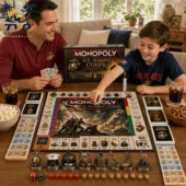 Monopoly U.S. Marine Corps Collector's Edition Board Game 2 Father and son playing U.S. Marine Corps Collector Edition Monopoly board game at home