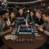A group of diverse friends laughing while playing the Monopoly U.S. Space Force Collector Edition board game.