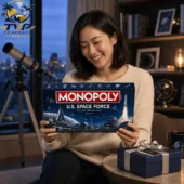Woman holding a Monopoly U.S. Space Force Collector Edition board game