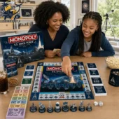 A woman and a girl playing the Monopoly U.S. Space Force Collector Edition board game.