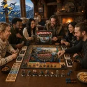 Monopoly Vikings Collector Edition Board Game 1 A group of friends playing the Monopoly Vikings collector edition board game in a rustic cabin.