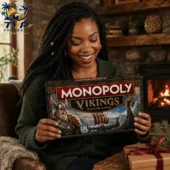 Monopoly Vikings Collector Edition Board Game 2 Woman holding the Monopoly Vikings Collector Edition board game.
