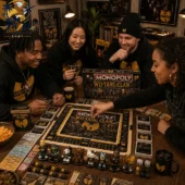 A group of friends playing the Wu-Tang Clan Collector Edition Monopoly board game.
