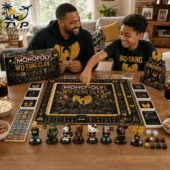 Monopoly Wu-Tang Clan Collector's Edition Board Game 2 Father and son playing Wu-Tang Clan Collector Edition Monopoly board game at home