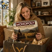 Monopoly Yellowstone Collector Edition Board Game 2 Woman smiling while holding a Yellowstone Monopoly collector edition board game from Tvpcomebackshop