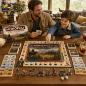 Monopoly Yellowstone Collector Edition Board Game 3 Father and son playing Monopoly Yellowstone board game at home