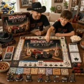 Father and son playing the ZZ Top Collector Edition Monopoly game from Tvpcomebackshop.