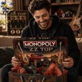 Man holding a ZZ Top Collector's Edition Monopoly board game