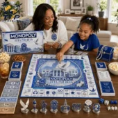 A woman and a young girl playing the Zeta Phi Beta Collector Edition Monopoly board game from Tvpcomebackshop.