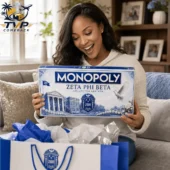A woman holding a Monopoly Zeta Phi Beta Collector Edition board game box from Tvpcomebackshop.