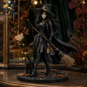 Intricate black witch building block figure with a broomstick and a cat at Tvpcomebackshop
