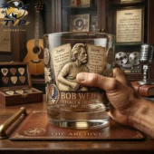 Bob Weir commemorative glass held in hand featuring engraved lyrics and Grateful Dead iconography from Tvpcomebackshop