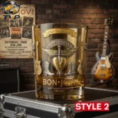 Bon Jovi 43rd Anniversary commemorative amber whiskey glass featuring band iconography by Tvpcomebackshop