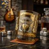 Bon Jovi 43rd anniversary whiskey glass with engraved band imagery