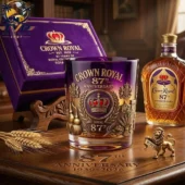 Crown Royal 87th anniversary glass and bottle set on wooden table