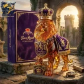 Crown Royal 87th Anniversary limited edition amber lion sculpture with purple velvet cloak and crown, available at Tvpcomebackshop.