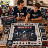 New England Patriots Championship Anniversary Monopoly Board Game 2026 2 Father and son playing the New England Patriots Monopoly Championship Anniversary edition at Tvpcomebackshop.